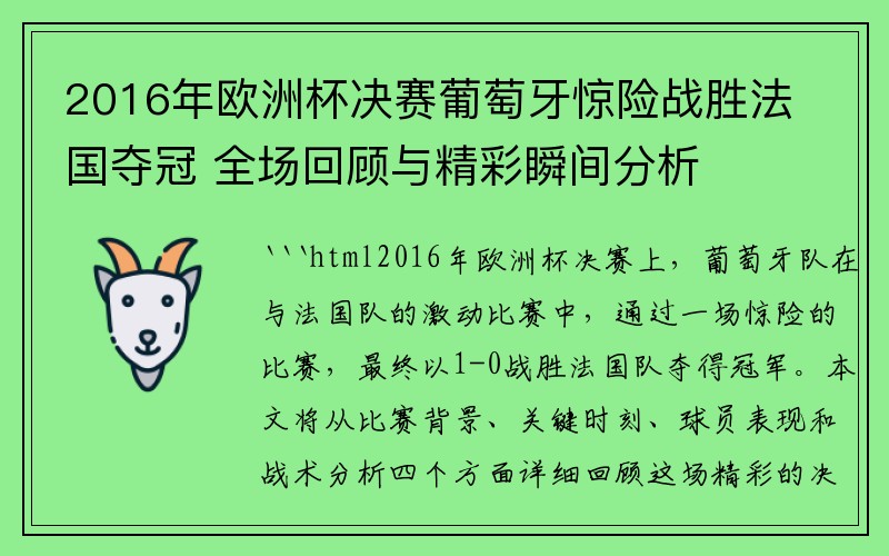 2016年欧洲杯决赛葡萄牙惊险战胜法国夺冠 全场回顾与精彩瞬间分析