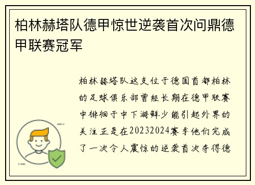 柏林赫塔队德甲惊世逆袭首次问鼎德甲联赛冠军