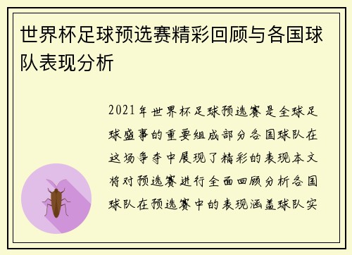 世界杯足球预选赛精彩回顾与各国球队表现分析