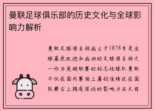 曼联足球俱乐部的历史文化与全球影响力解析