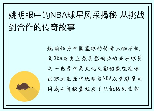 姚明眼中的NBA球星风采揭秘 从挑战到合作的传奇故事