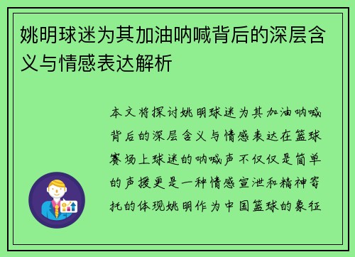姚明球迷为其加油呐喊背后的深层含义与情感表达解析